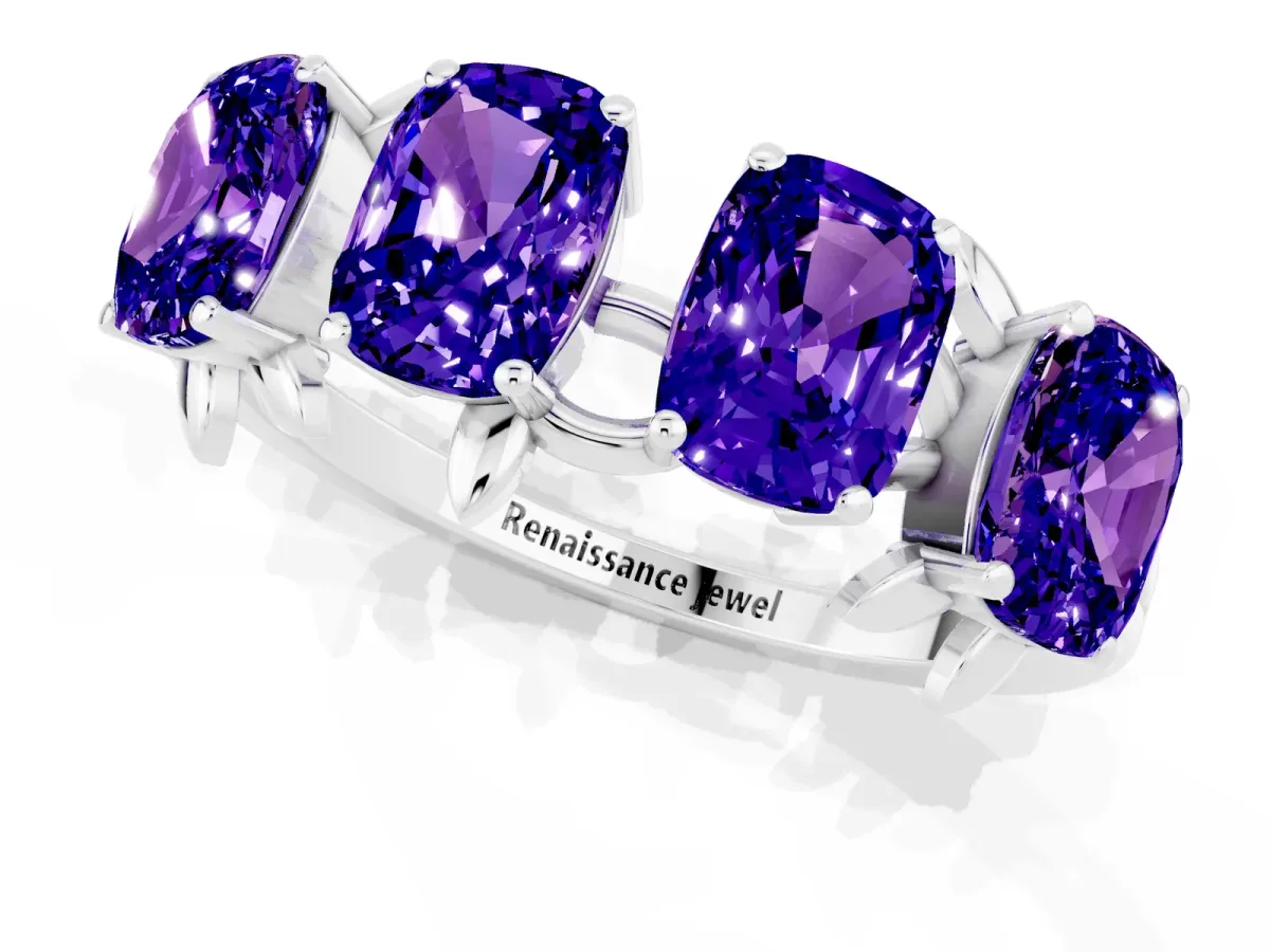 Four-Stone Elongated Cushion Tanzanite Band with Nature-Inspired Prong Setting White gold