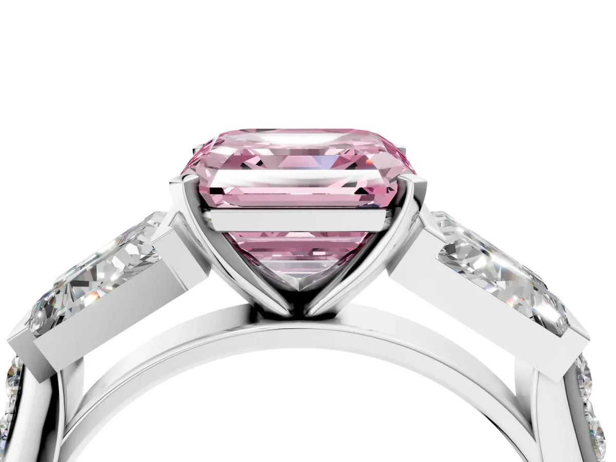 Fancy Pink Asscher Cut Diamond Engagement Ring with Baguette Side Stones and Channel Set Band Platinum