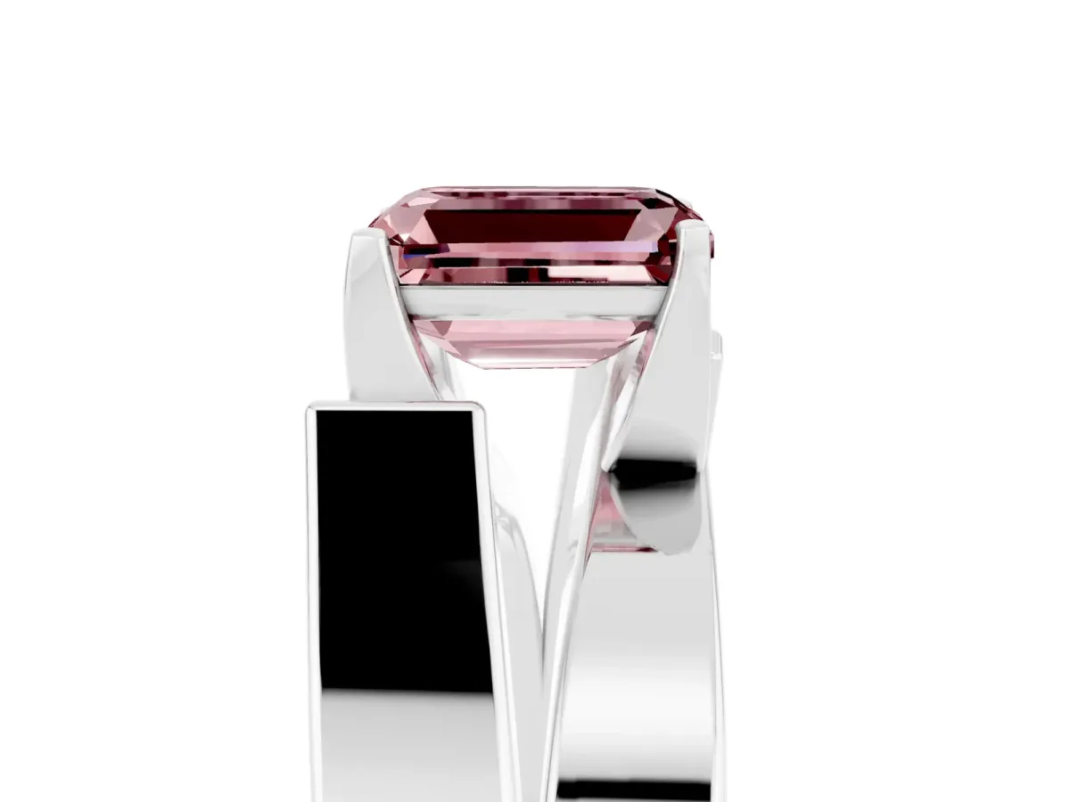Modern Tension Set Emerald Cut Morganite Solitaire Wide Band Ring Silver