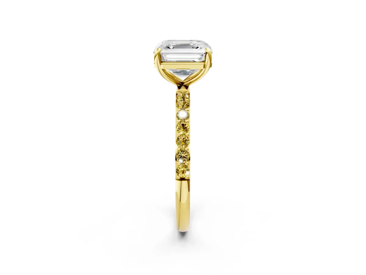 Asscher Cut Diamond Solitaire Ring with Round Yellow Sapphire Pavé Band and Prong Setting Yellow gold