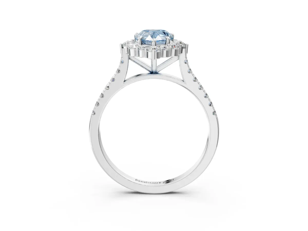 Fancy Blue Pear Cut Halo Diamond Ring with Pavé Band and Prong Setting Silver