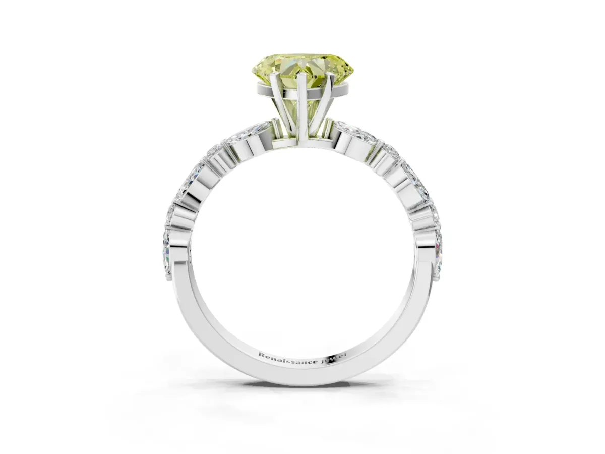Fancy Yellow Heart Cut Diamond Ring with Marquise and Round Side Stones and Four-Prong Setting White gold