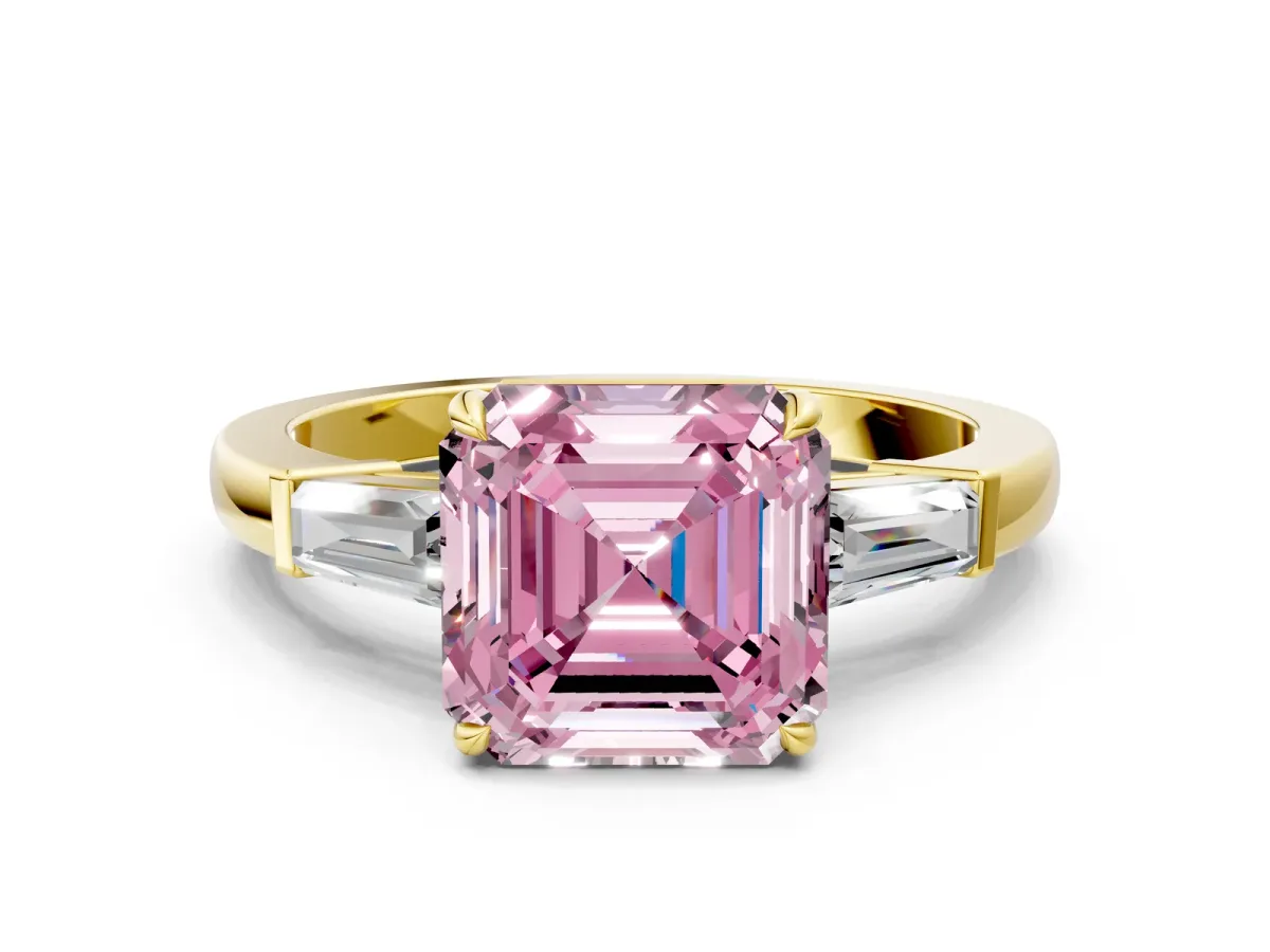 Fancy Pink Asscher Cut Diamond Three-Stone Ring with Tapered Baguette Side Stones and Prong Setting Yellow gold