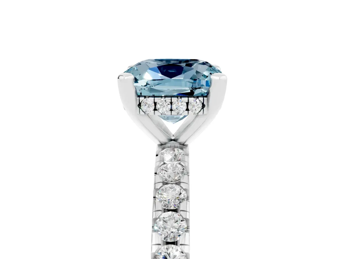Cushion Cut Aquamarine Solitaire Ring with Round Pavé Band and Four-Prong Setting White gold