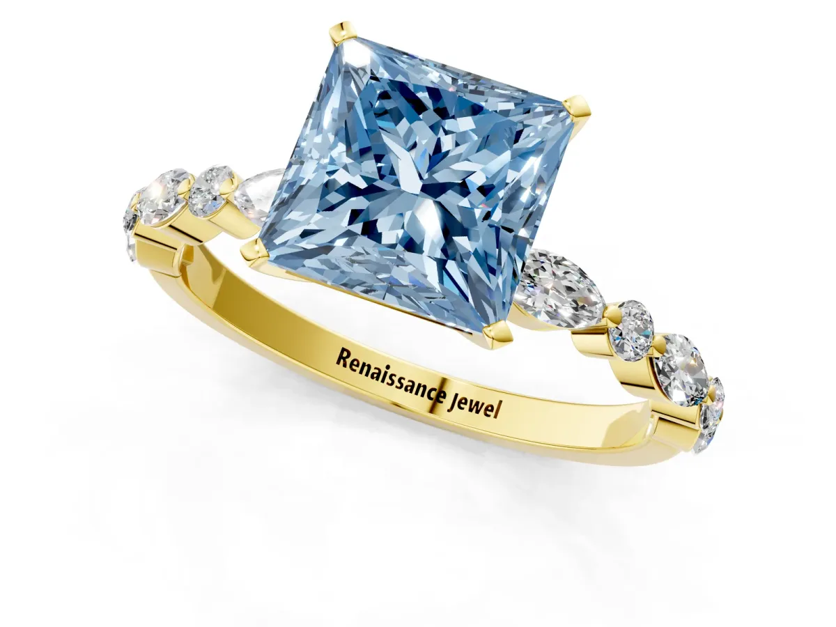 Fancy Blue Princess Cut Diamond Ring with Marquise and Round Side Stones and Four-Prong Setting Yellow gold