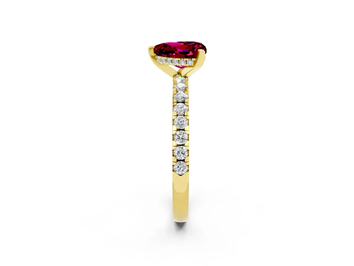 Heart Cut Garnet Solitaire Ring with Round Pavé Band and Four-Prong Setting Yellow gold