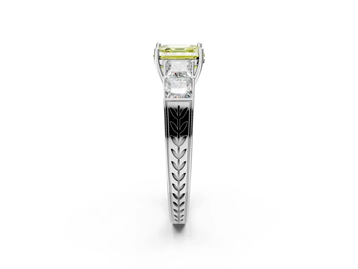 Fancy Yellow Asscher Cut Solitaire Princess Side Stone Engraved Band Prong Setting Ring Silver