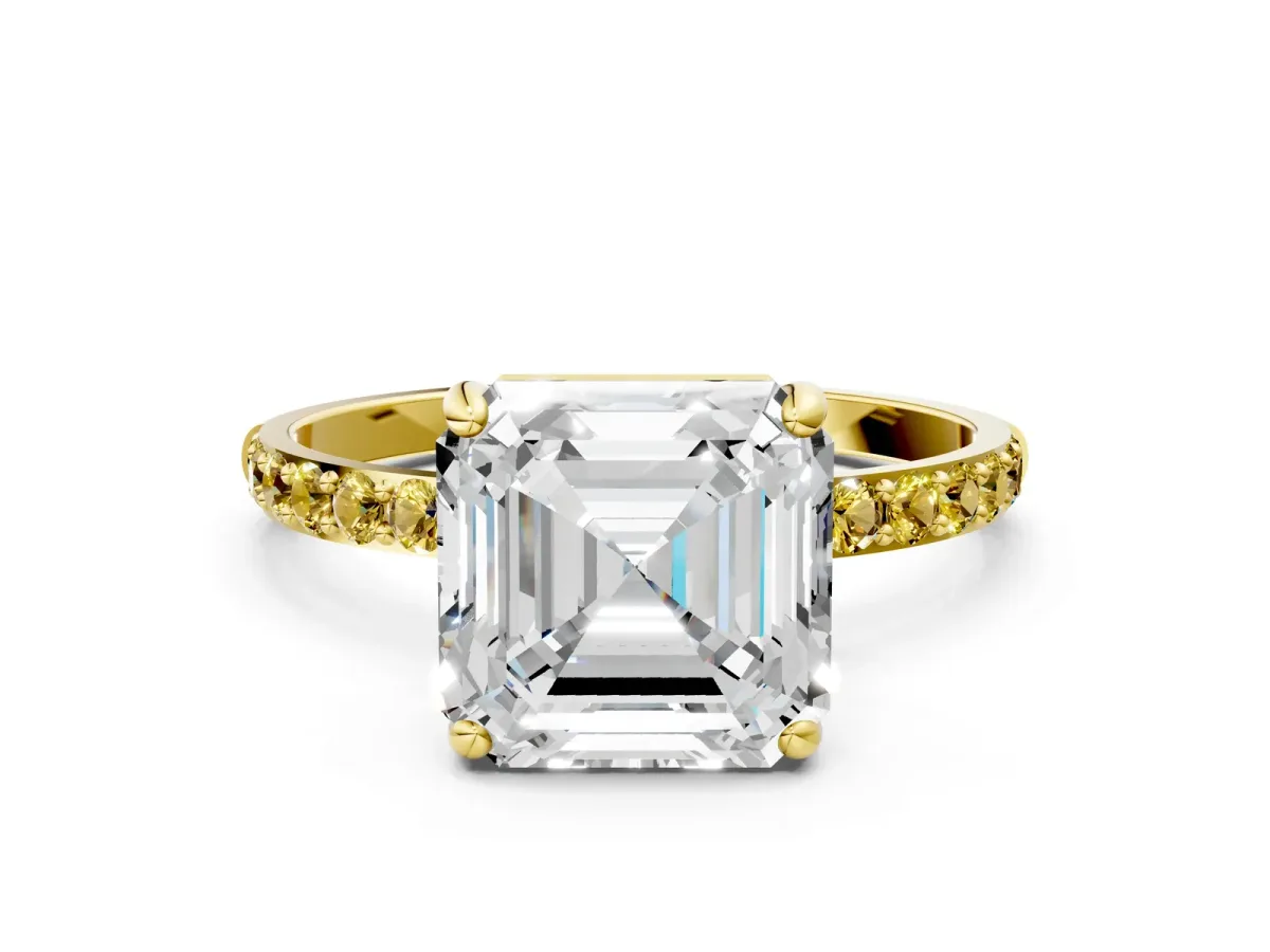 Asscher Cut Diamond Solitaire Ring with Round Yellow Sapphire Pavé Band and Prong Setting Yellow gold