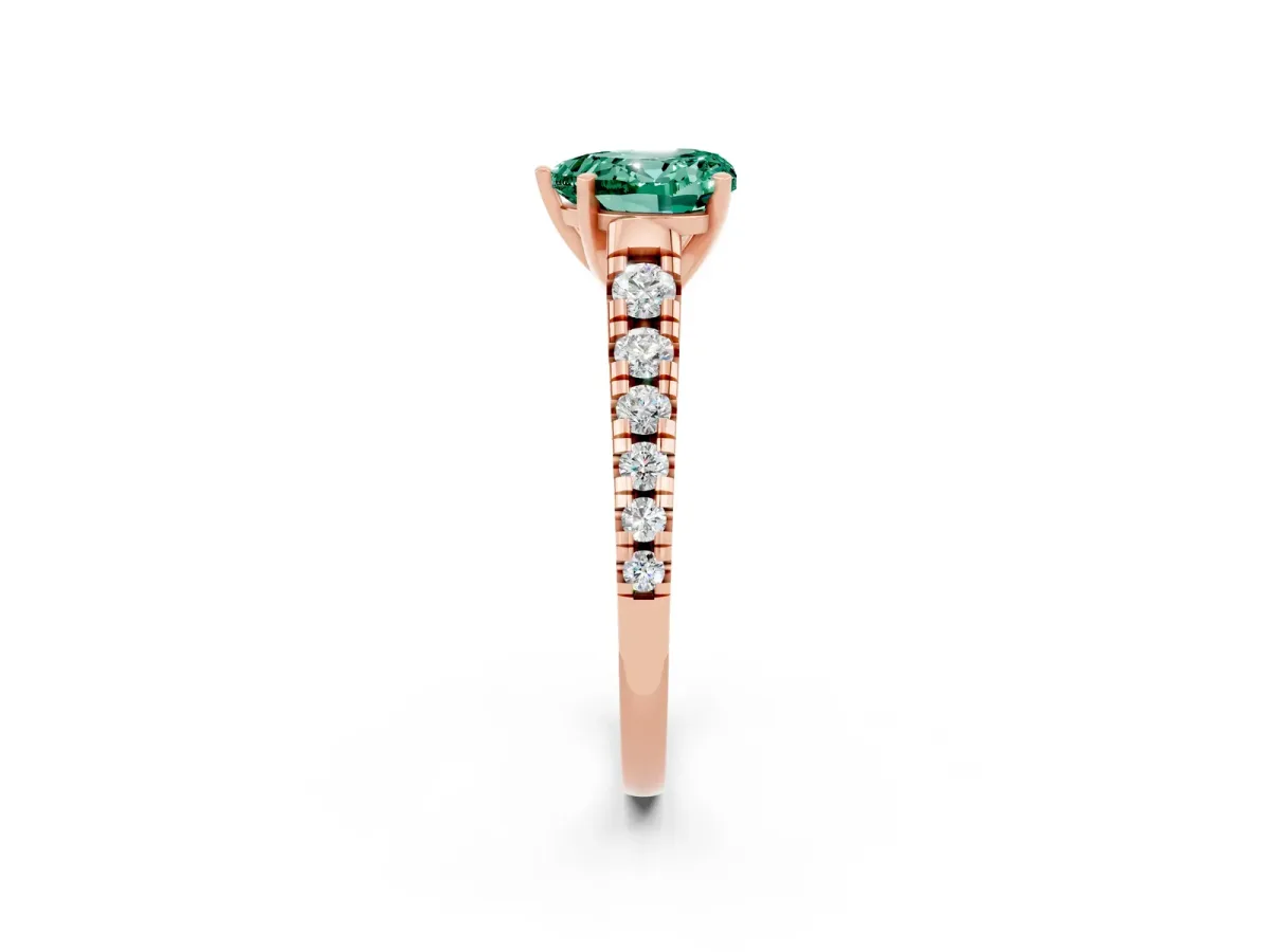 Heart Cut Green Sapphire Cathedral Solitaire Ring with Round Pavé Band Rose gold