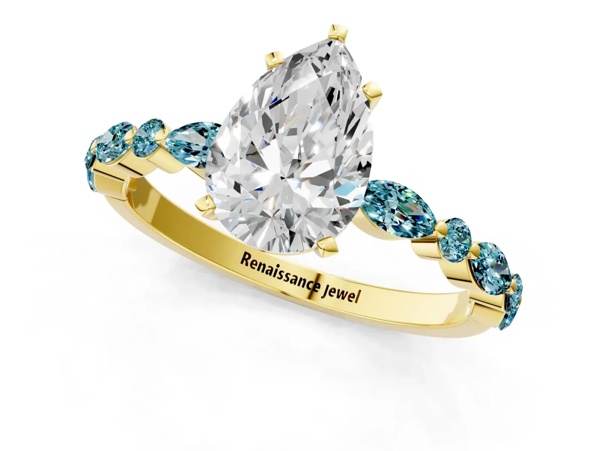Pear Cut Diamond Ring with Marquise and Round Blue Topaz Side Stones and Four-Prong Setting Yellow gold