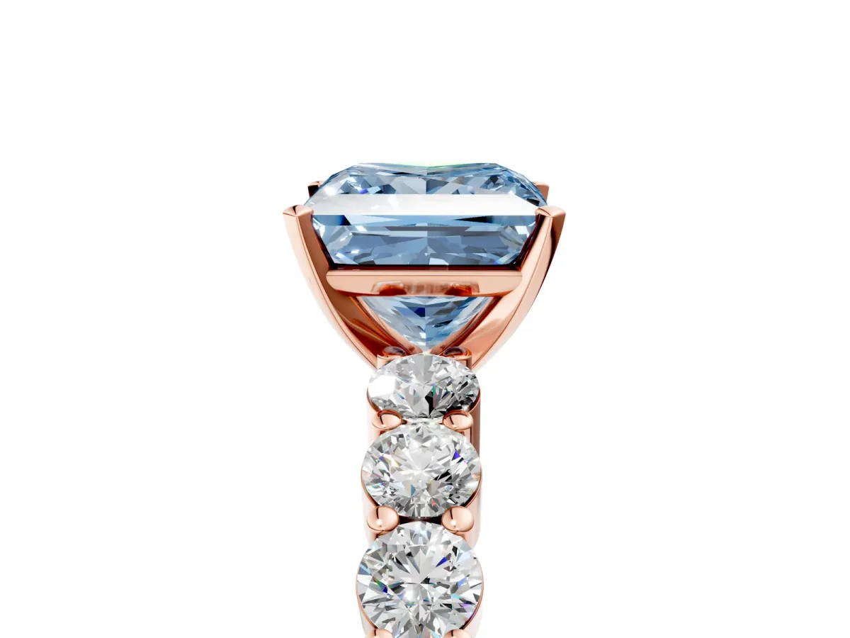 Fancy Blue Princess Cut Diamond Solitaire Ring with Shared Prong Round Side Stones Rose gold