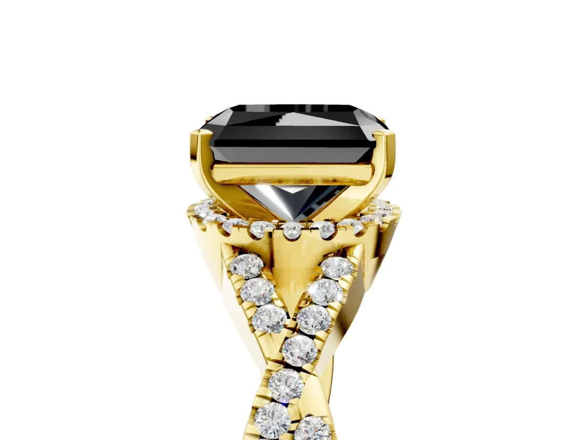 Fancy Black Radiant Cut Diamond Halo Twist Band Solitaire Prong Setting Ring Yellow gold
