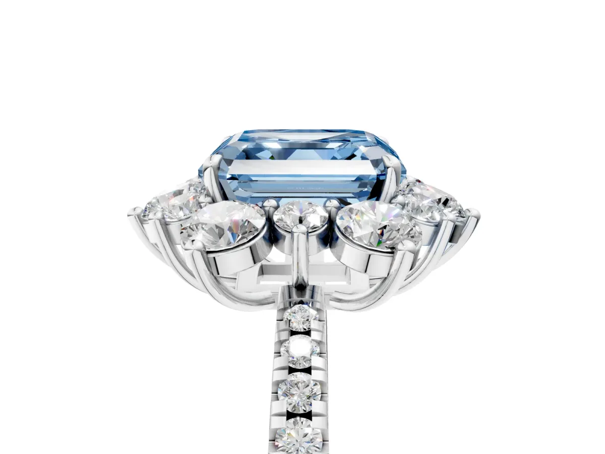 Fancy Blue Asscher Cut Diamond Floral Halo Ring with Round Pavé Band and Prong Setting Platinum