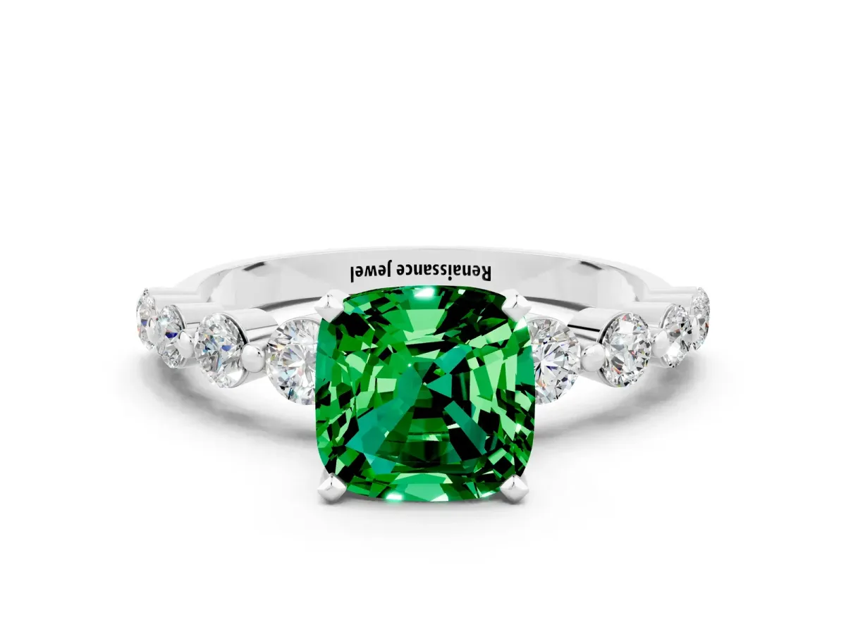 Cushion Cut Solitaire Emerald Ring with Pave Band and Four-Prong Setting Silver