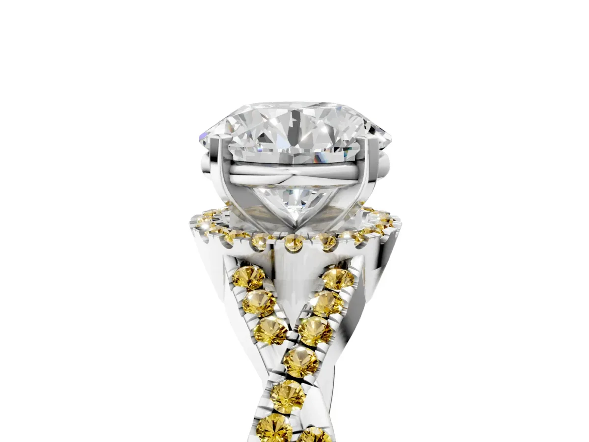 Round Cut Diamond Yellow Sapphire Halo Twist Band Solitaire Prong Setting Ring White gold