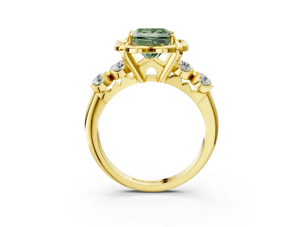 Fancy Green Princess Cut Cut Diamond Floral Halo Engagement Ring with Shared Prong Setting Yellow gold