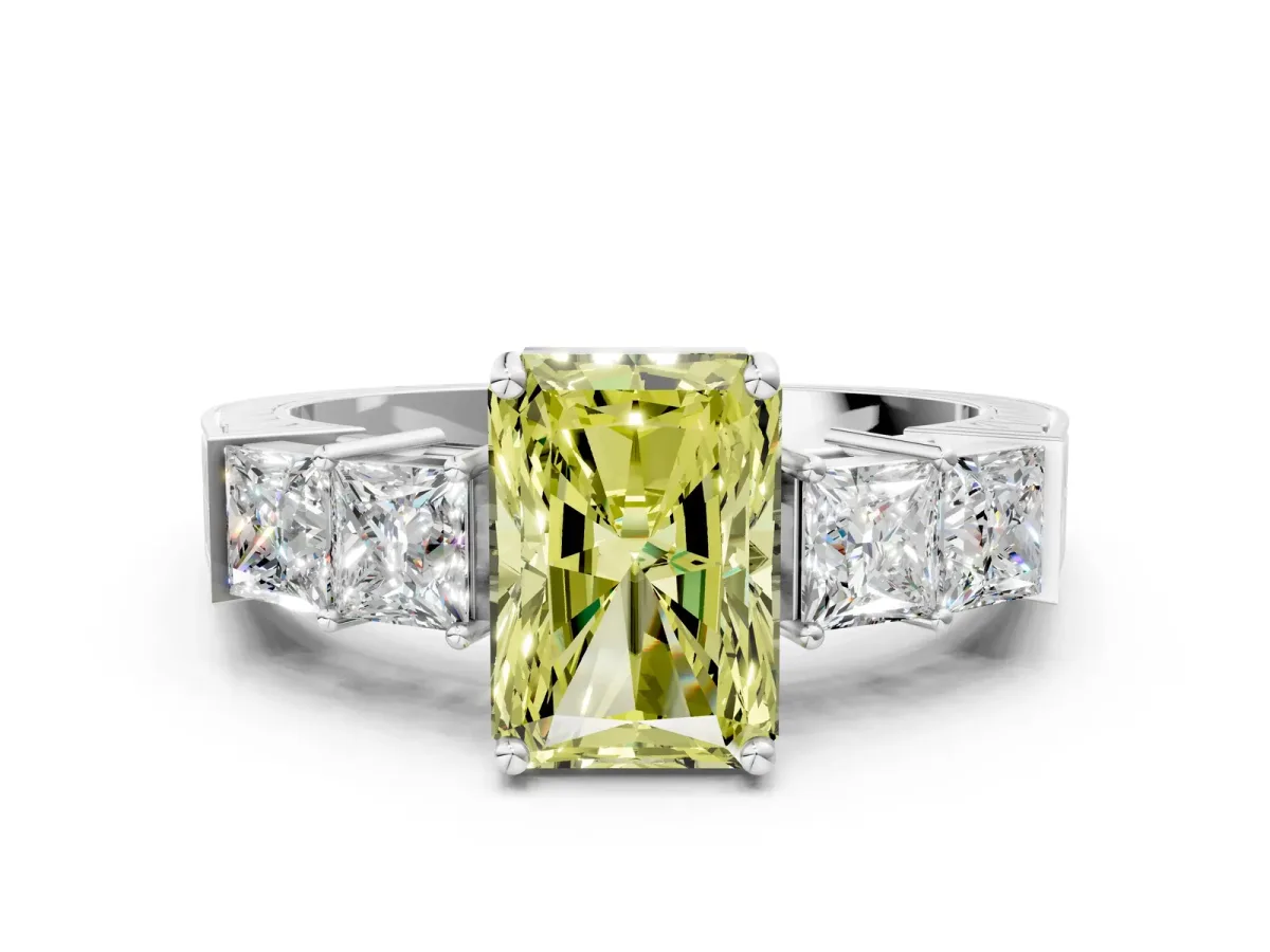 Fancy Yellow Radiant Cut Solitaire Princess Side Stone Engraved Band Prong Setting Ring Silver