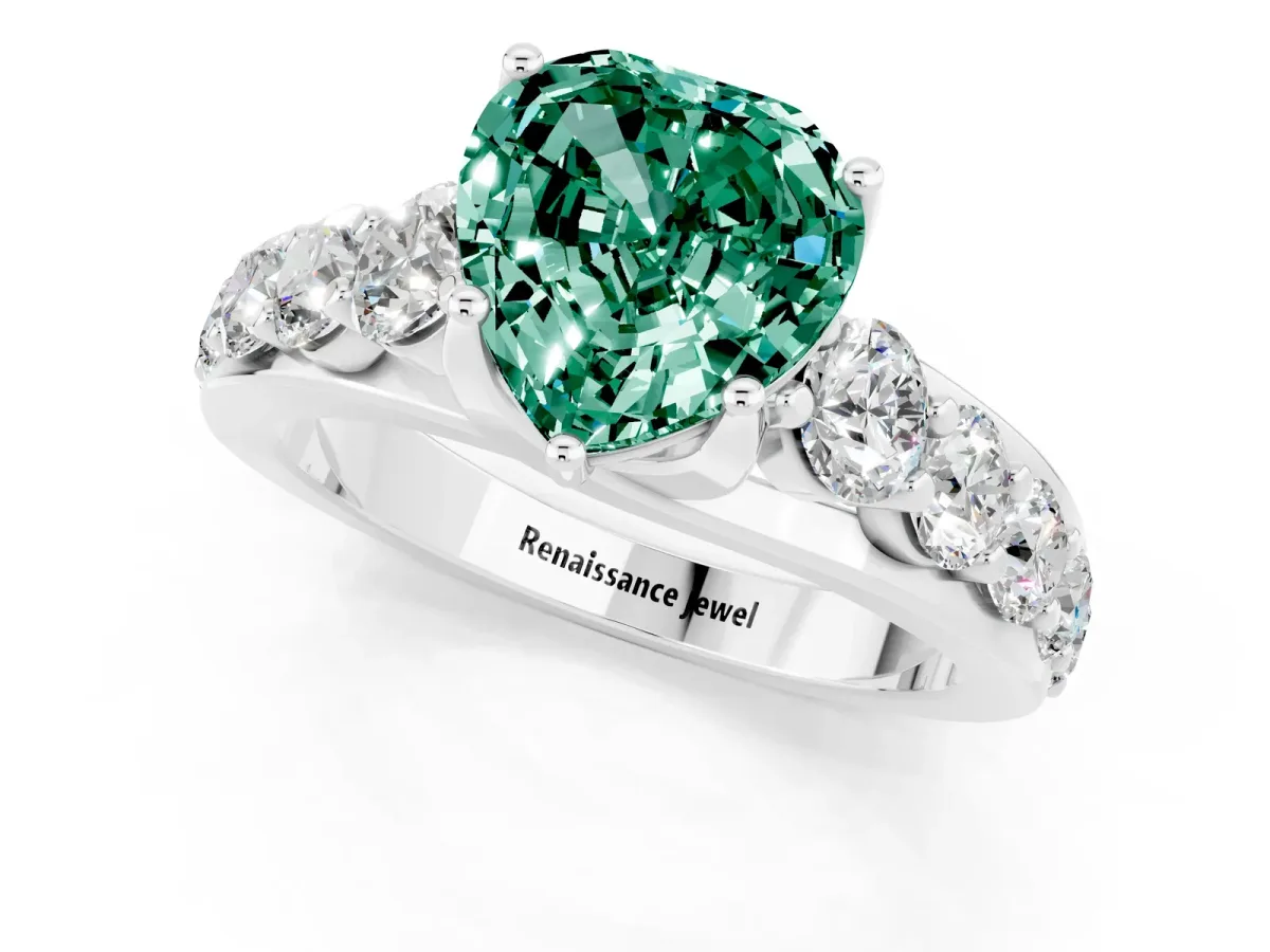 Heart Cut Green Sapphire Engagement Ring with Pavé Band and Four-Prong Setting White gold