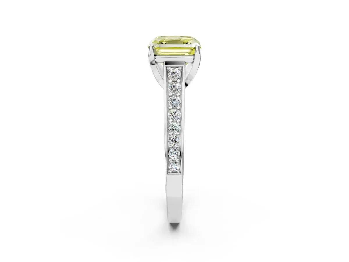 Fancy Yellow Asscher Cut Brilliant Cut Diamond Engagement Ring with Pavé Band and Four-Prong Setting Platinum