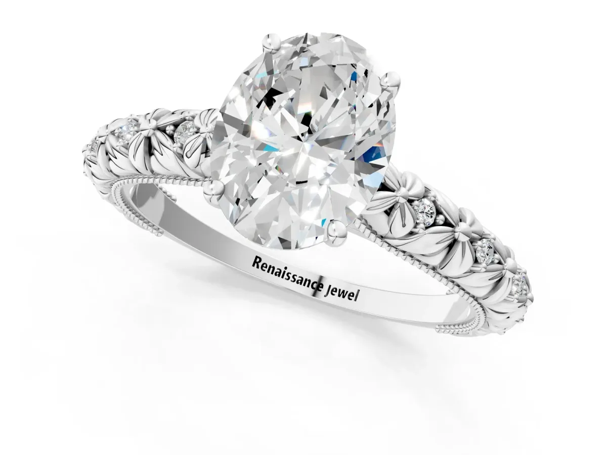 Oval Cut Solitaire Floral Milgrain Engagement Ring Platinum