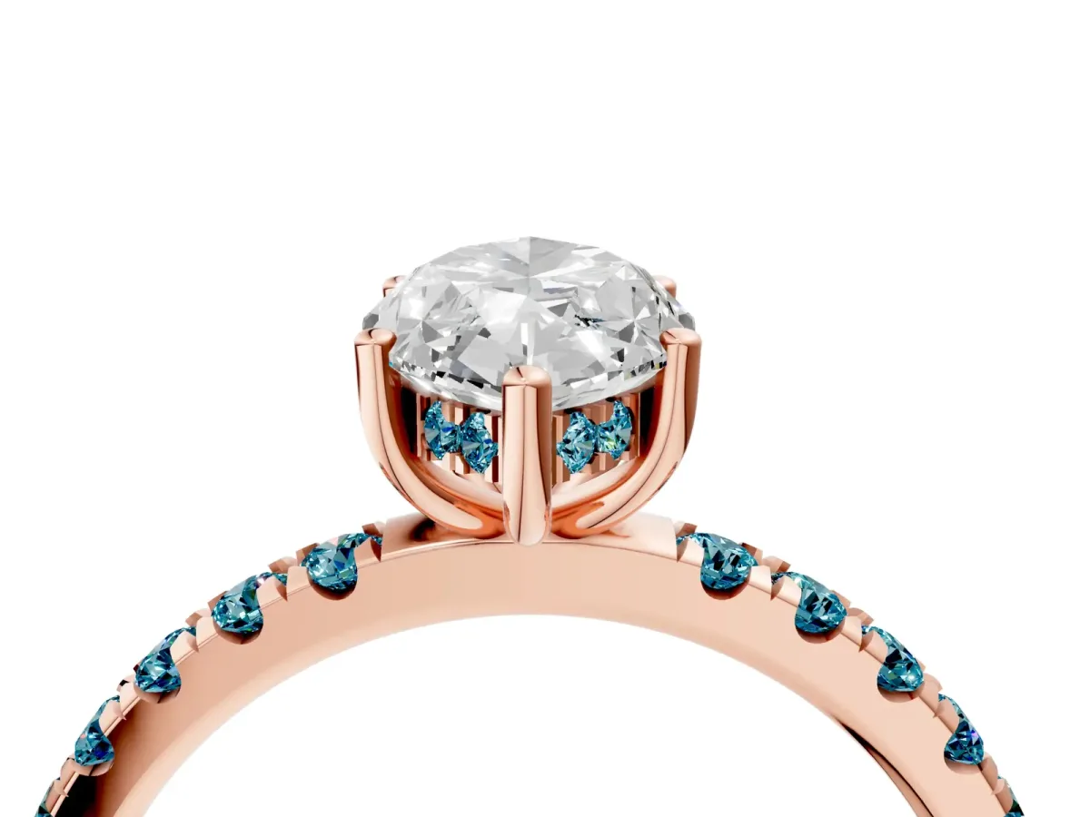 Marquise Cut Diamond Pave Band Solitaire Ring with Round Blue Topaz and Prong Setting Rose gold