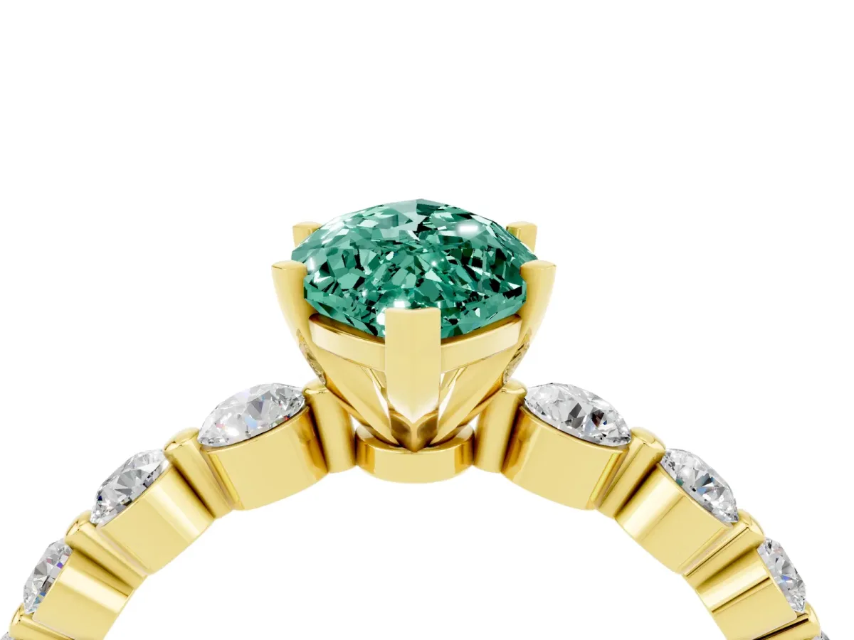 Marquise Cut Solitaire Green Sapphire Ring with Pave Band and Four-Prong Setting Yellow gold