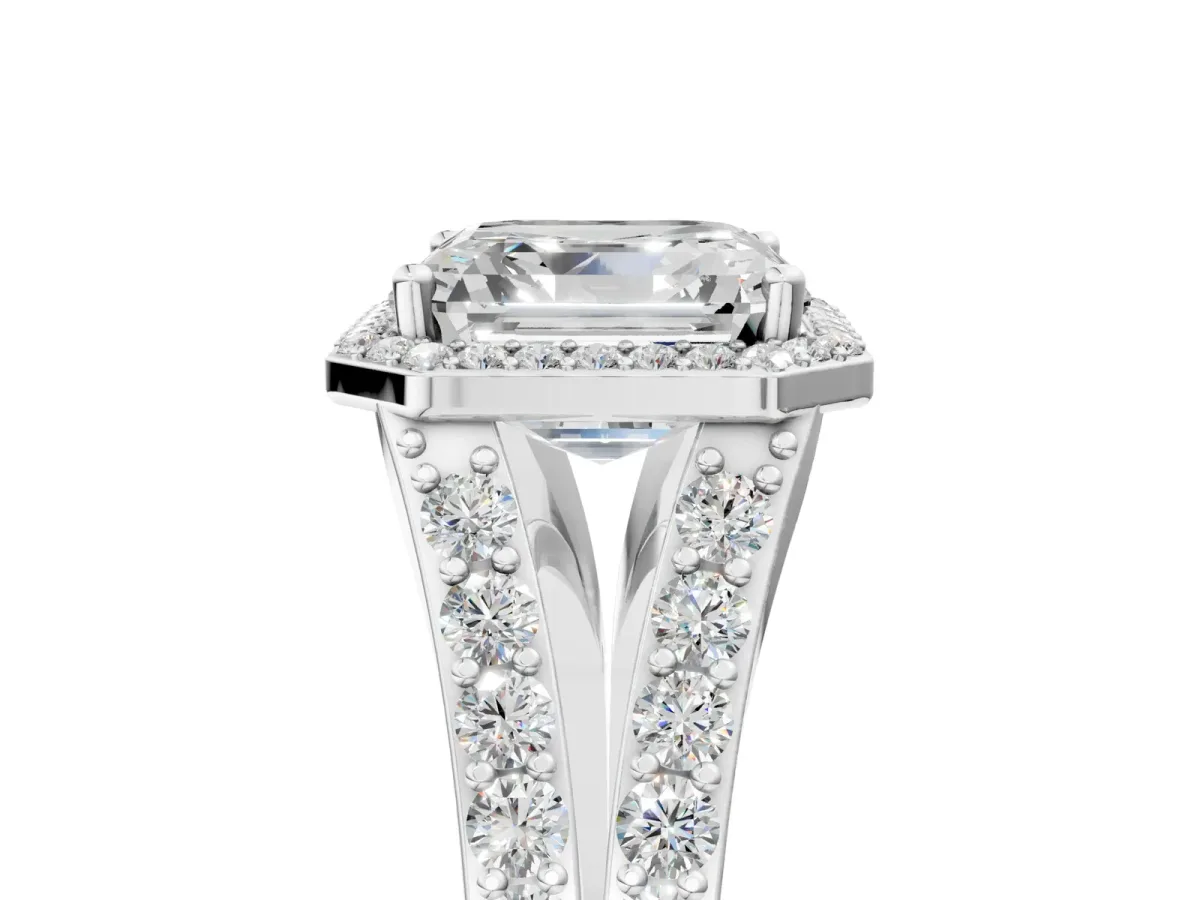Asscher Cut Diamond Split Shank Halo Ring with Four-Prong Setting Platinum