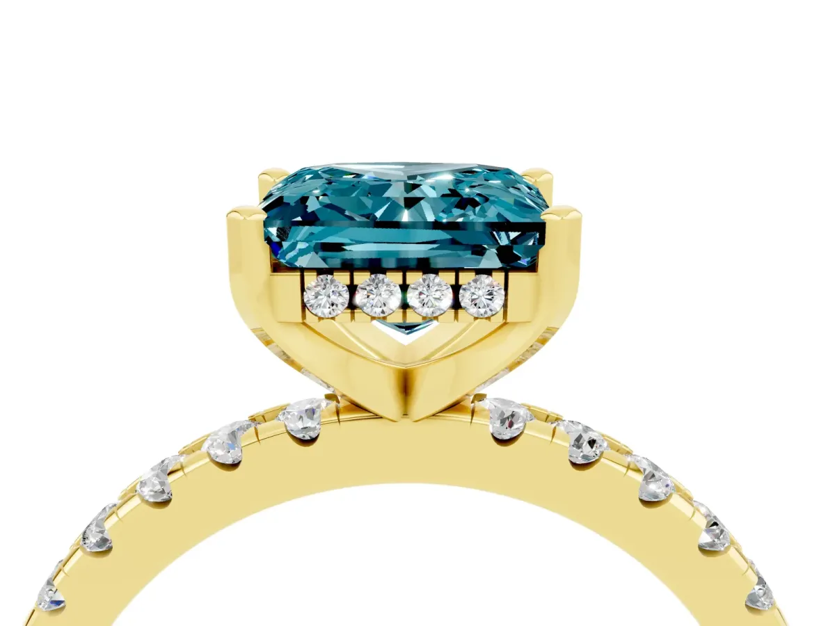 Princess Cut Blue Topaz Solitaire Ring with Round Pavé Band and Four-Prong Setting Yellow gold