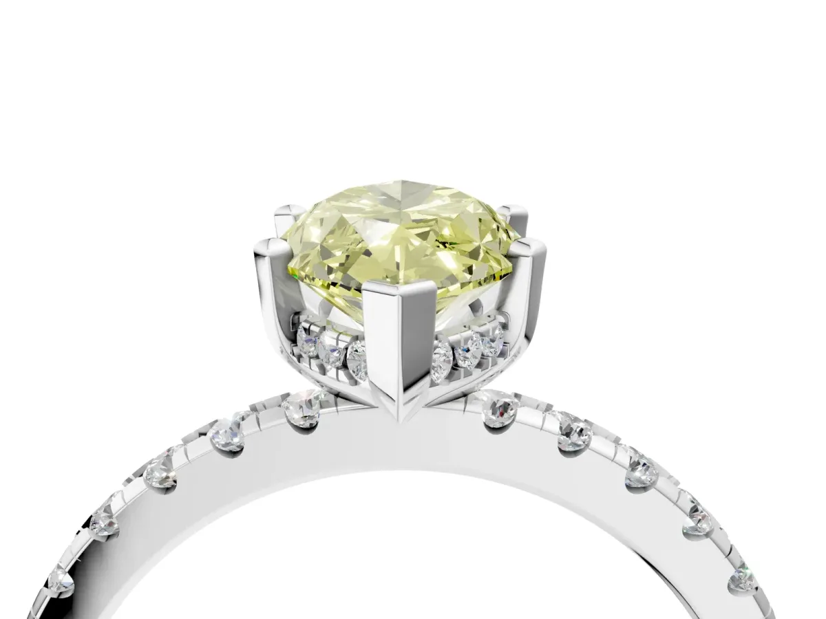 Fancy Yellow Marquise Cut Diamond Solitaire Ring with Round Pavé Band and Four-Prong Setting White gold