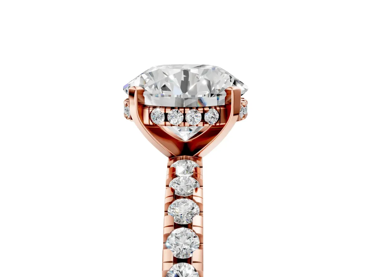 Round Cut Diamond Solitaire Ring with Round Moissanite Pavé Band and Four-Prong Setting Rose gold