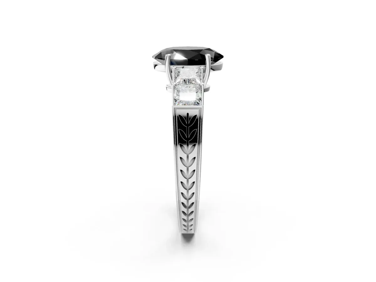 Fancy Black Oval Cut Solitaire Princess Side Stone Engraved Band Prong Setting Ring Silver