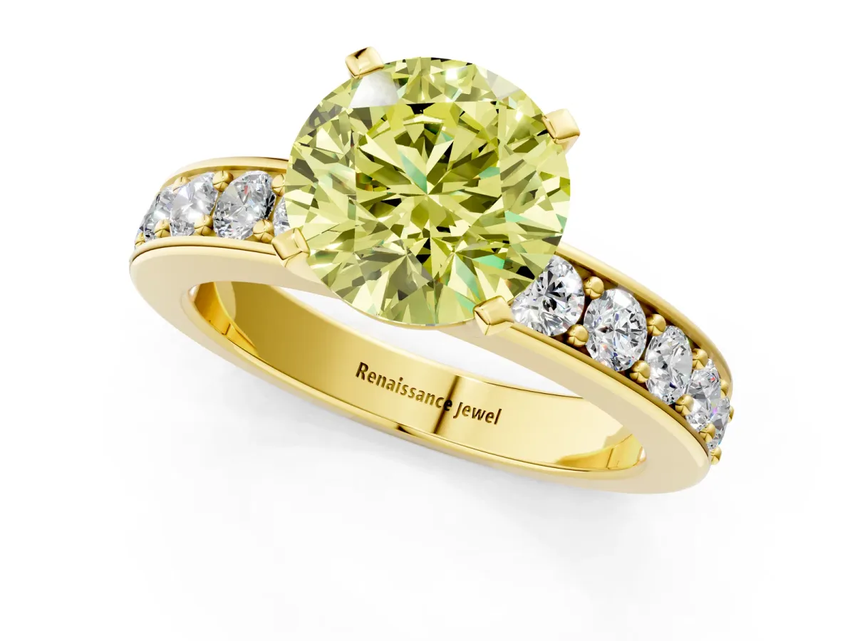 Fancy Yellow Round Cut Diamond Engagement Ring with Channel Set Round Band and Prong Setting Yellow gold