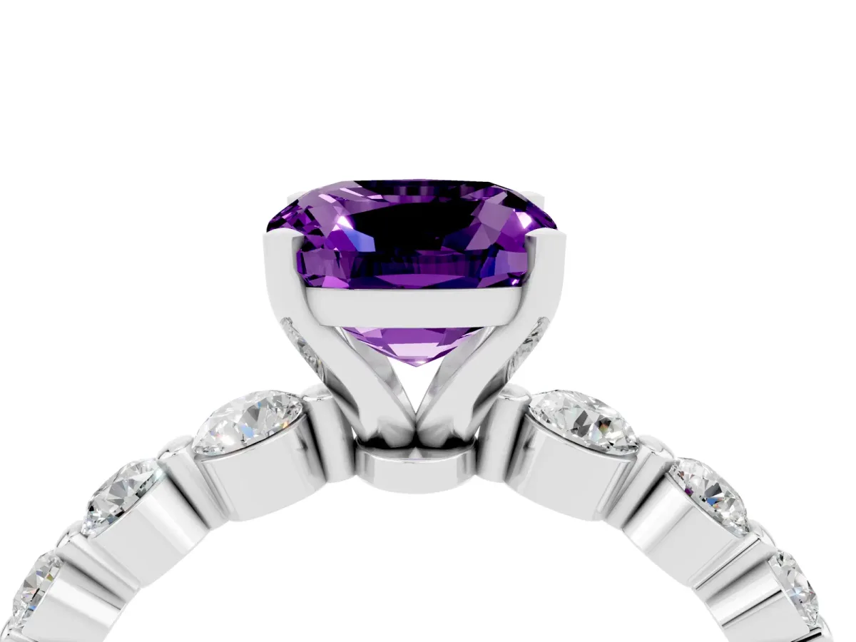 Cushion Cut Solitaire Amethyst Ring with Pave Band and Four-Prong Setting Silver