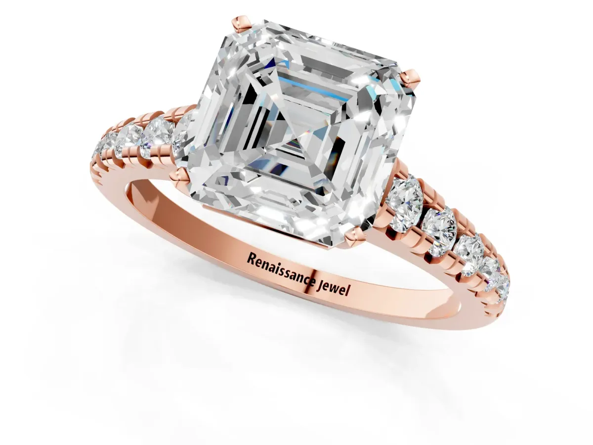 Asscher Cut Diamond Cathedral Solitaire Ring with Round Moissanite Pavé Band Rose gold