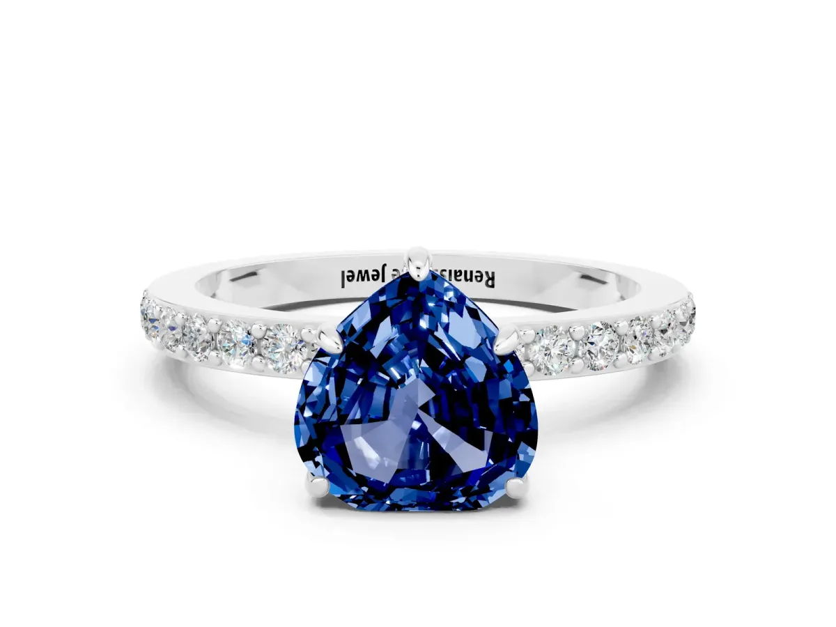 Heart Cut Blue Sapphire Solitaire Engagement Ring with Pavé Band and Four-Prong Setting White gold
