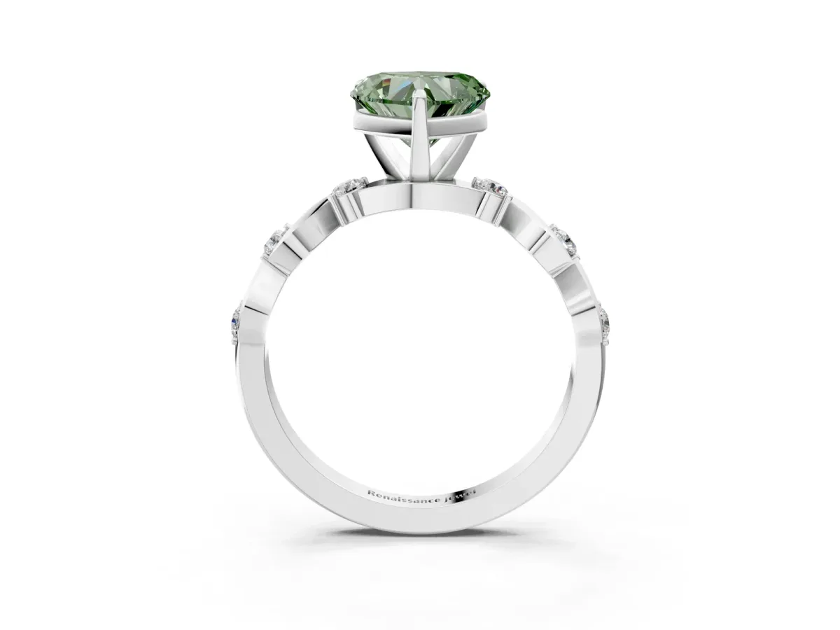 Fancy Green Heart Cut Diamond Solitaire Twisted Band with Round Accents and Prong Setting Platinum
