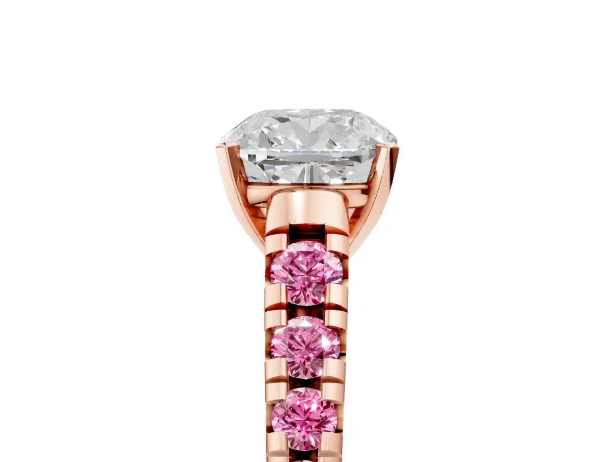 Cushion Cut Diamond Cathedral Solitaire Ring with Round Pink Sapphire Pavé Band Rose gold