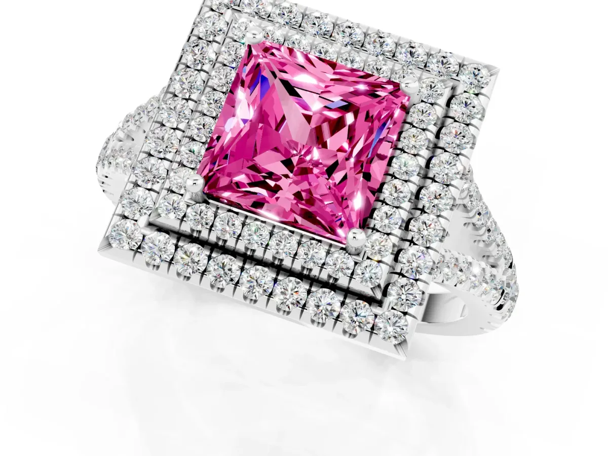 Princess Cut Pink Sapphire Double Halo Ring with Pavé Band and Prong Setting White gold