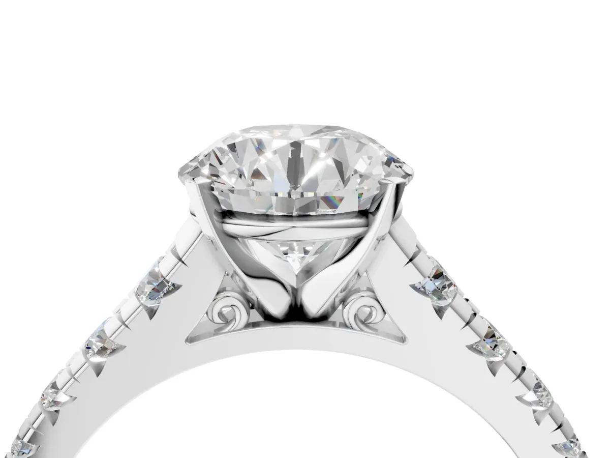 Round Cut Diamond Cathedral Solitaire Ring with Round Pavé Band White gold
