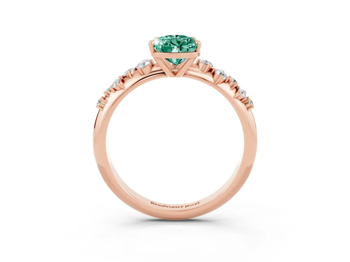 Pear Cut Green Sapphire Cluster Side Stone Solitaire Ring with Prong Setting Rose gold