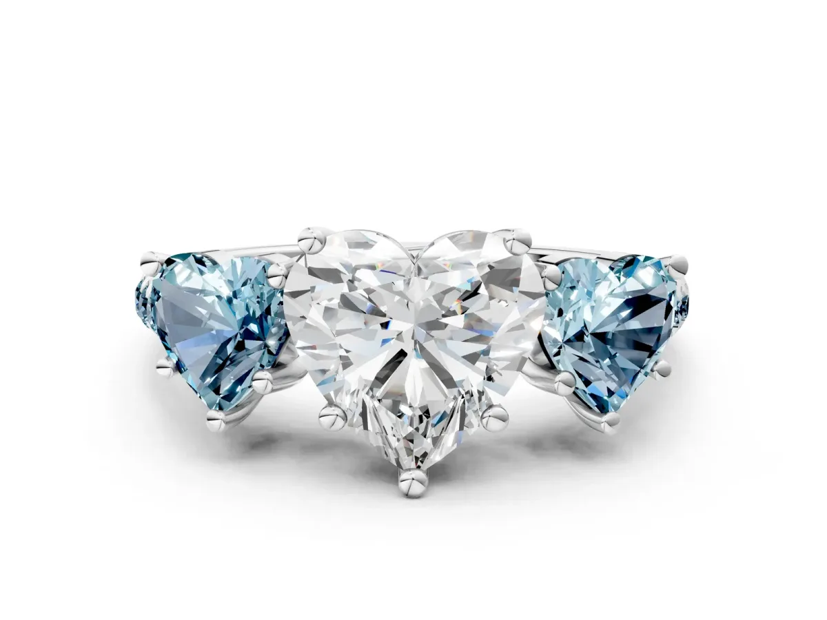 Three-Stone Heart Cut Diamond Ring with Round Aquamarine Pavé Band and Prong Setting White gold