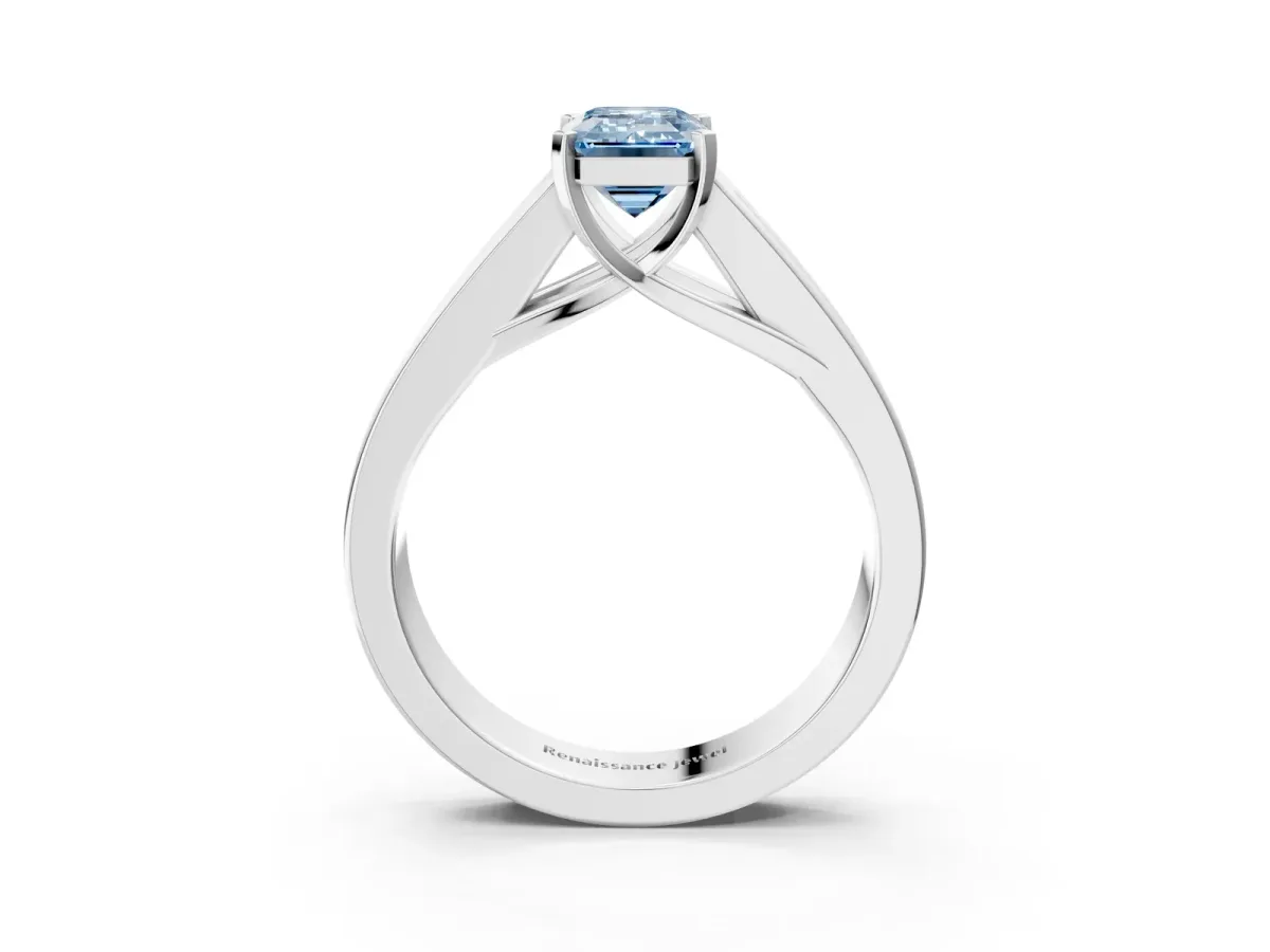 Fancy Blue Emerald Cut Cut Channel Set Solitaire Ring with Four-Prong Setting White gold