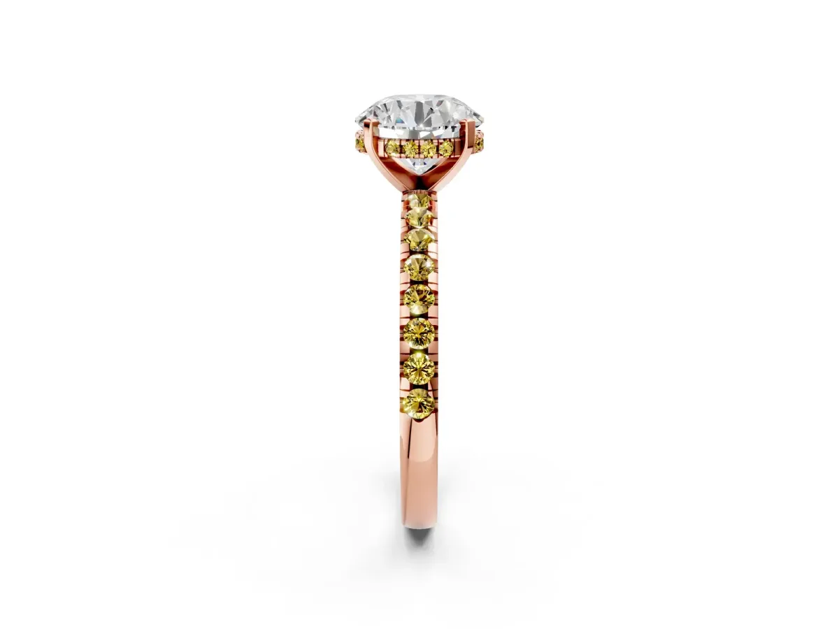 Round Cut Diamond Solitaire Ring with Round Yellow Sapphire Pavé Band and Four-Prong Setting Rose gold