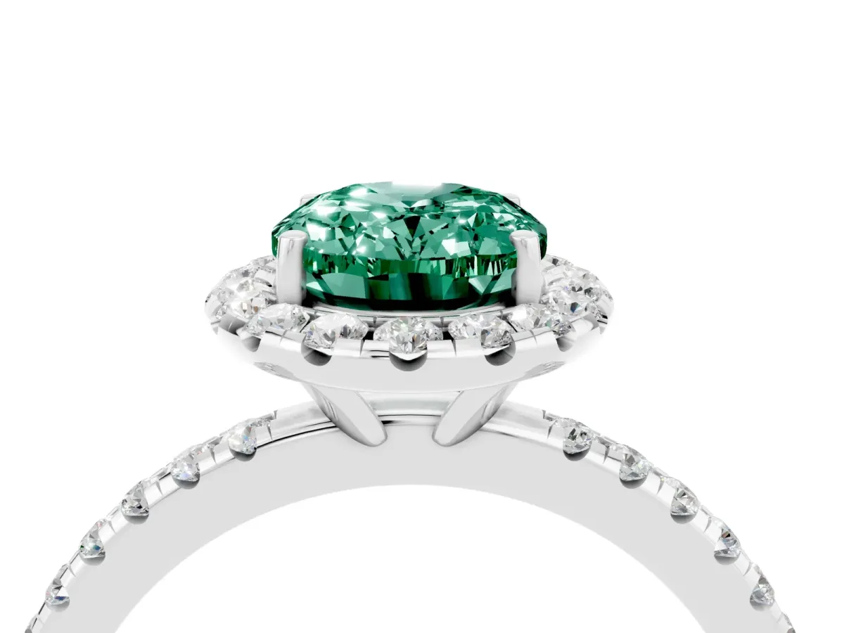 Oval Cut Green Sapphire Halo Ring with Round Pavé Band and Prong Setting White gold