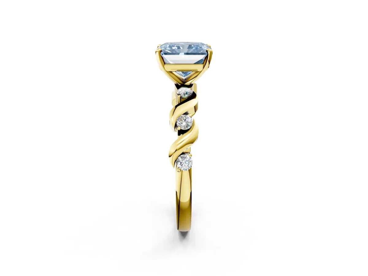 Fancy Blue Radiant Cut Diamond Solitaire Twisted Band with Round Accents and Prong Setting Yellow gold
