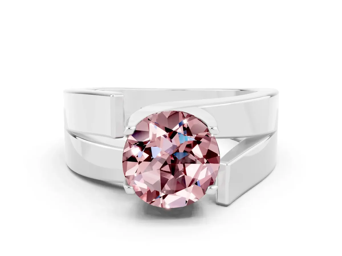 Modern Tension Set Round Cut Morganite Solitaire Wide Band Ring Silver
