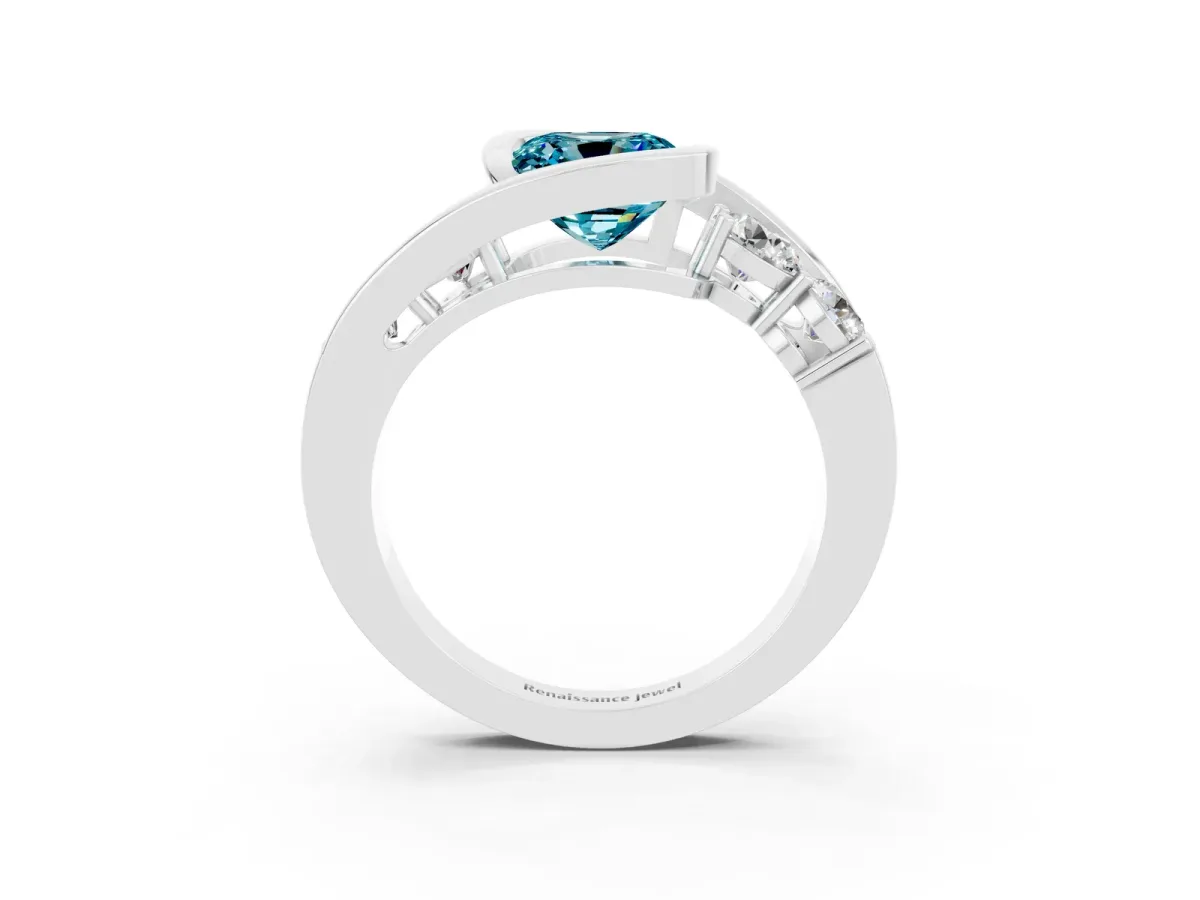 Bezel Set Cushion Cut Blue Topaz Bypass Ring with Round Accents Silver