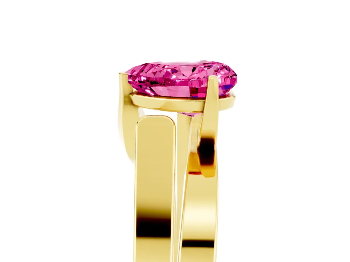 Modern Tension Set Heart Cut Pink Sapphire Solitaire Wide Band Ring Yellow gold