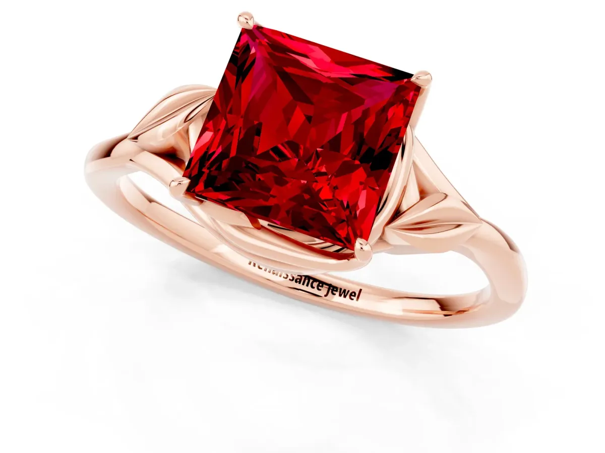 Princess Cut Ruby Solitaire Ring with Twist Band and Four-Prong Setting Rose gold