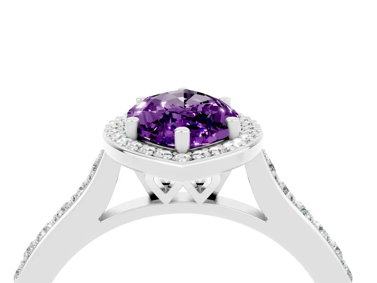Marquise Cut Amethyst Halo Engagement Ring with Round Pavé Shoulders and Prong Setting Platinum